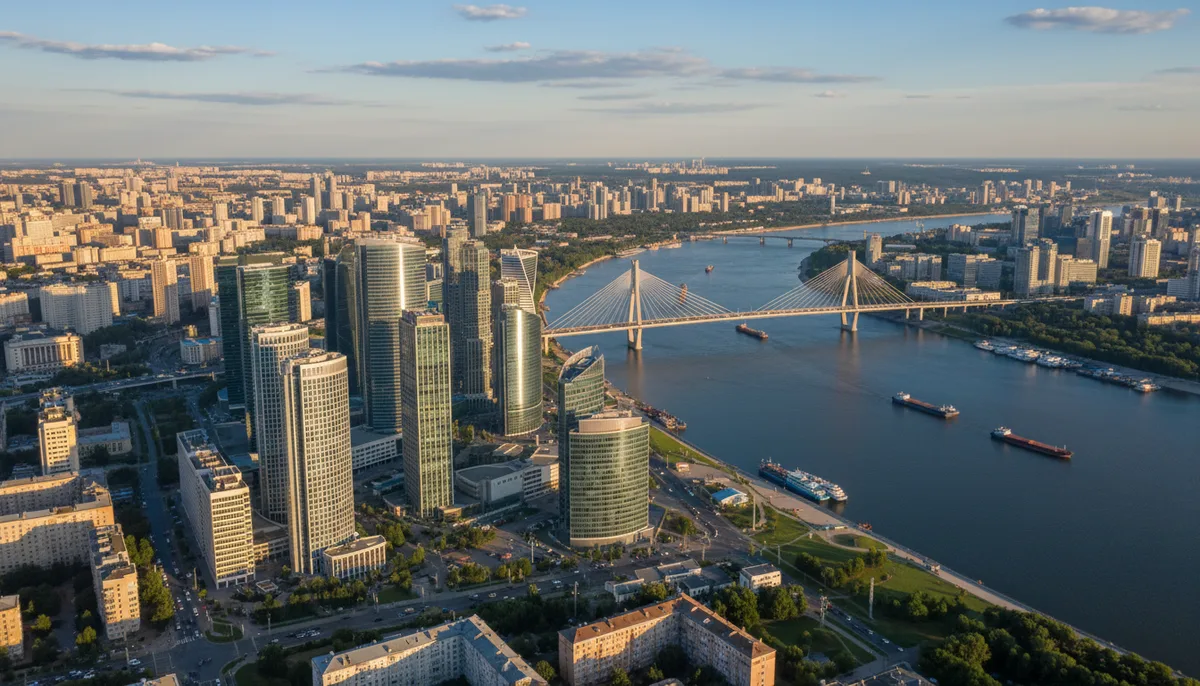деловой район города, многоэтажные офисные здания, широкая река, мост, городской пейзаж Поволжья