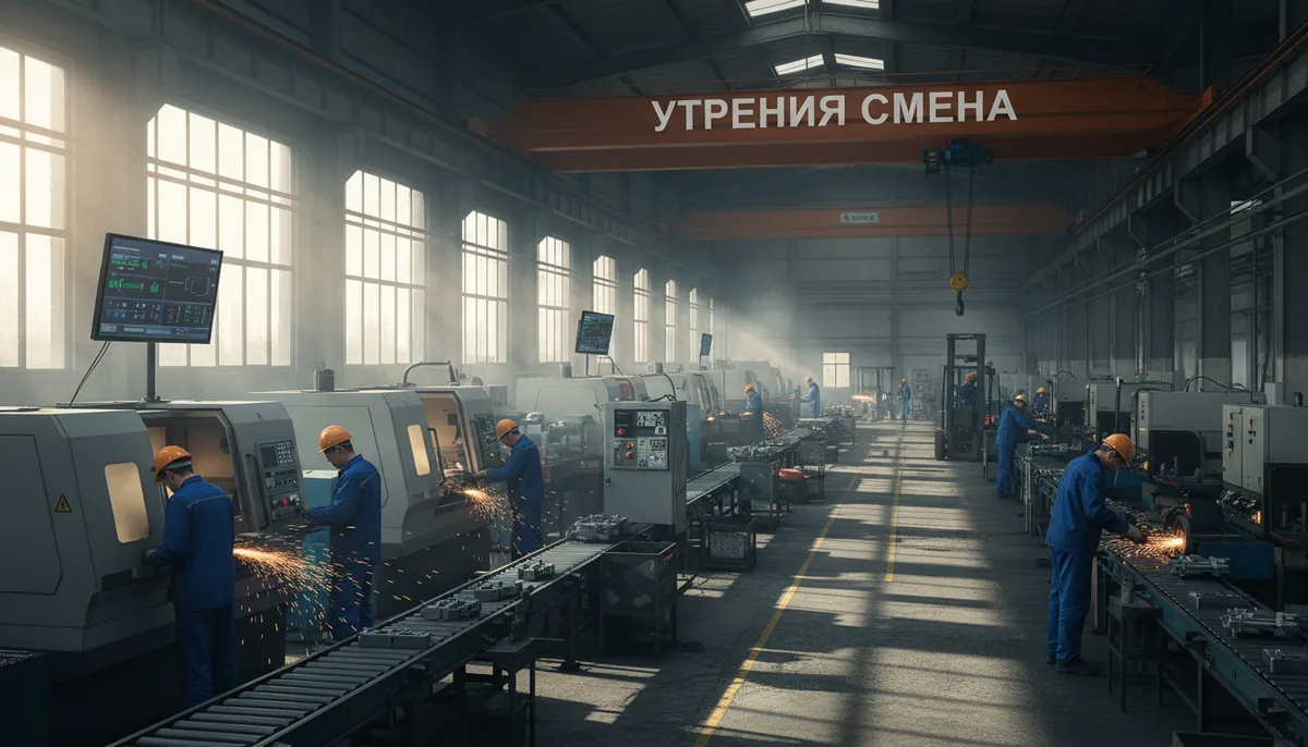 производственный цех, рабочие в спецодежде, промышленное оборудование, утренняя смена